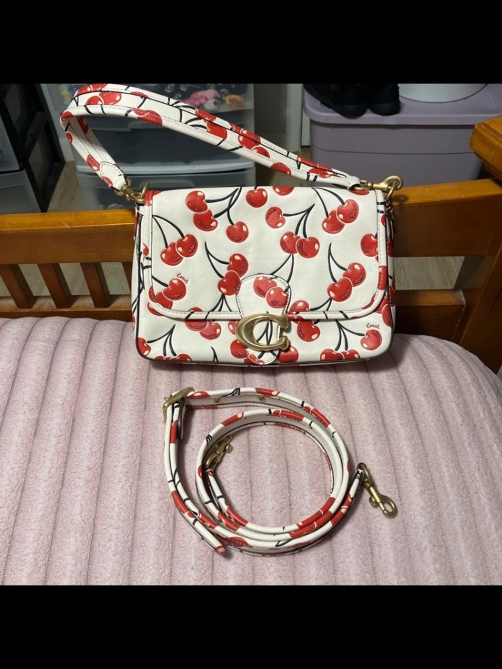 Coach White Leather Shoulder Bag with Red Cherry Print
